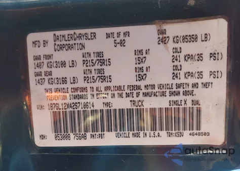 2002 Dodge Dakota z USA, uszkodzony, nr VIN 1B7GL12X42S710614
